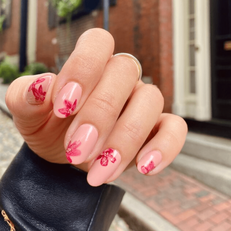 Short Round With Vibrant Pink Florals — Wedding Guest Nails