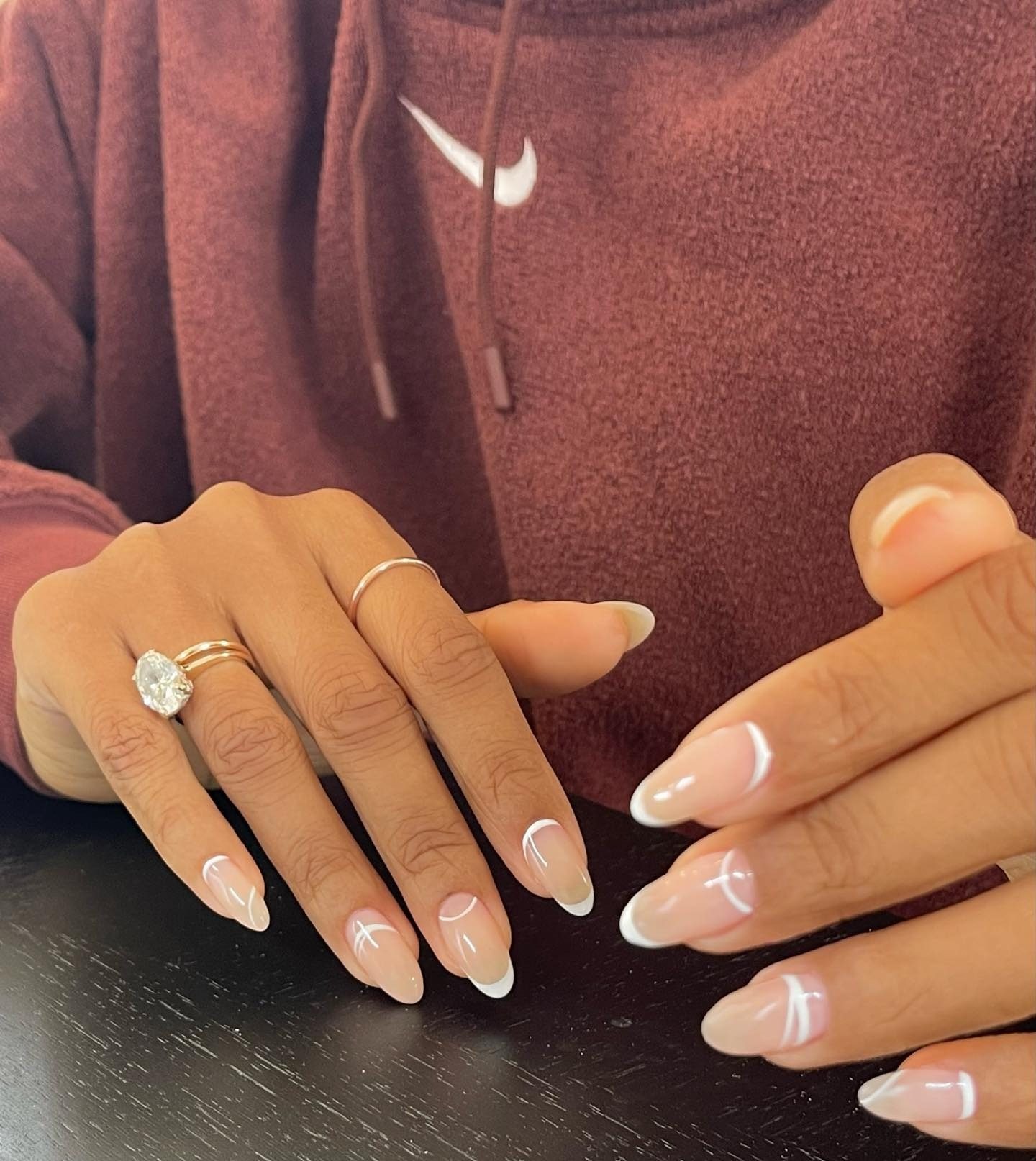 Nude Almond Minimalist White Lines — Reverse French Nails