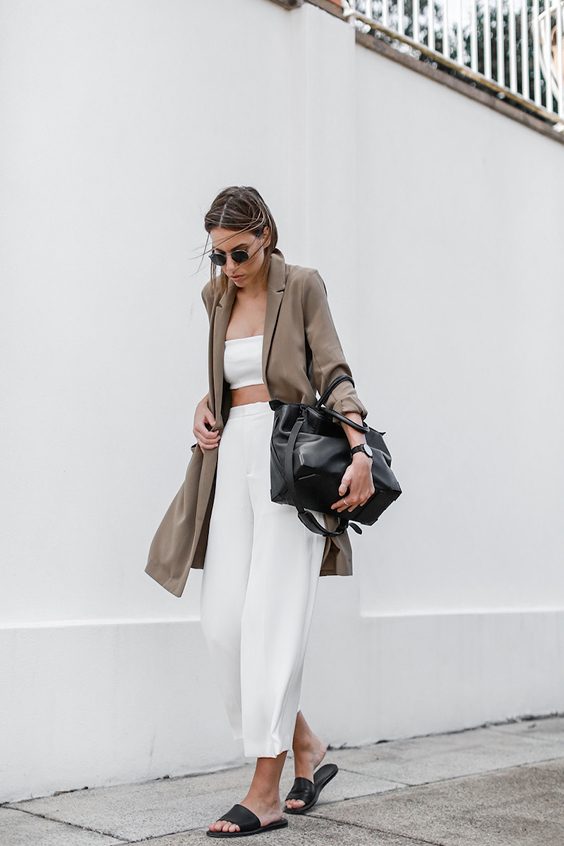 Beige Oversized Blazer with White Trousers for Elevated Casual — Minimalist Outfits