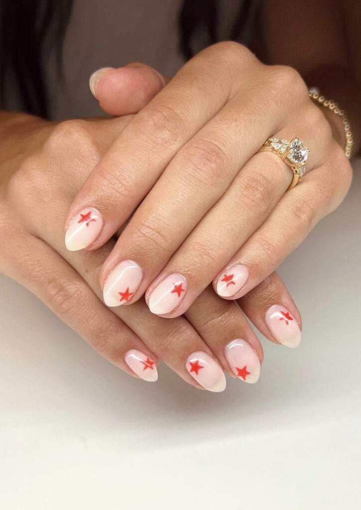 Sheer Nude Red Star Decal Nails Sheer Nude Red Star Decal Nails — Star Nails
