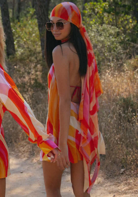 Bold Abstract Print Mini Dress with Scarf for a Casual Ibiza Look — Ibiza Outfits