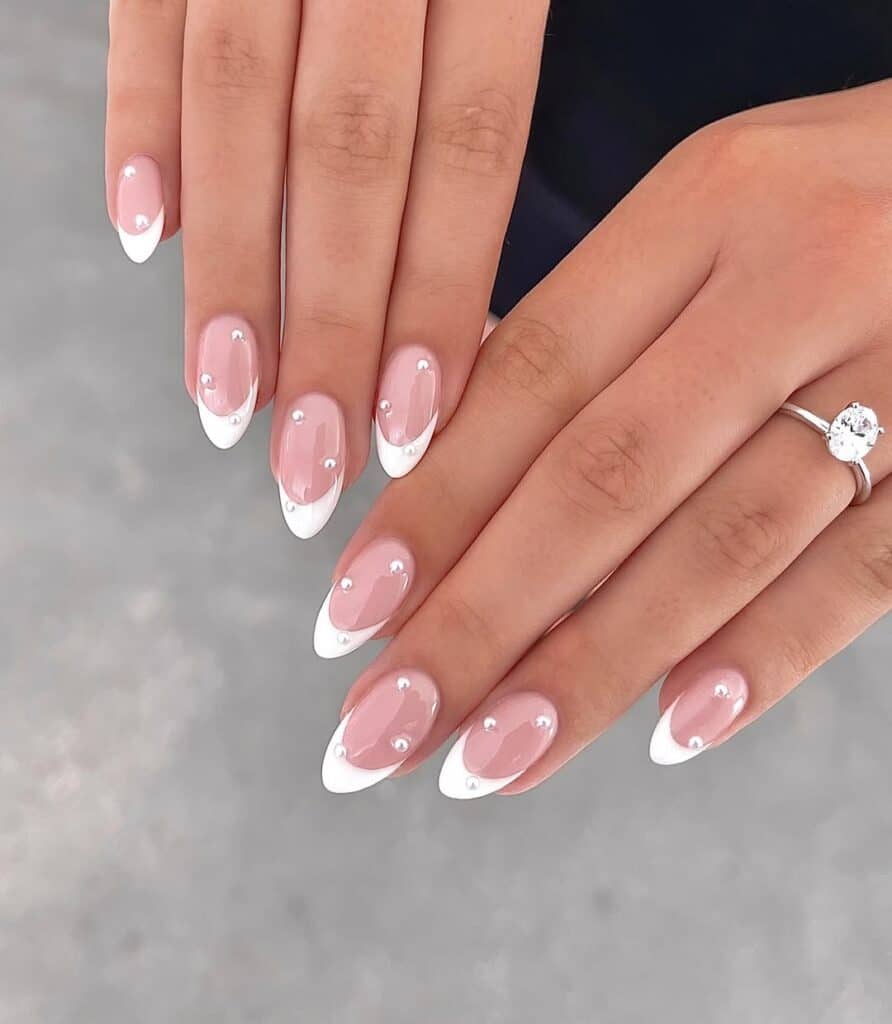 Glossy Medium Almond Pearl Accents French — Wedding Nails