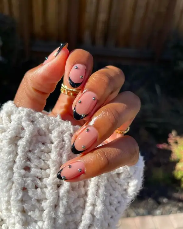 Edgy Studded Black French Tips — Short Oval Nails