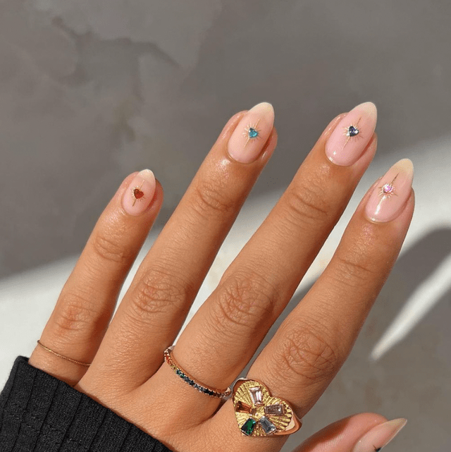Sheer Pink with Heart Rhinestones — Nails for Women Over 40