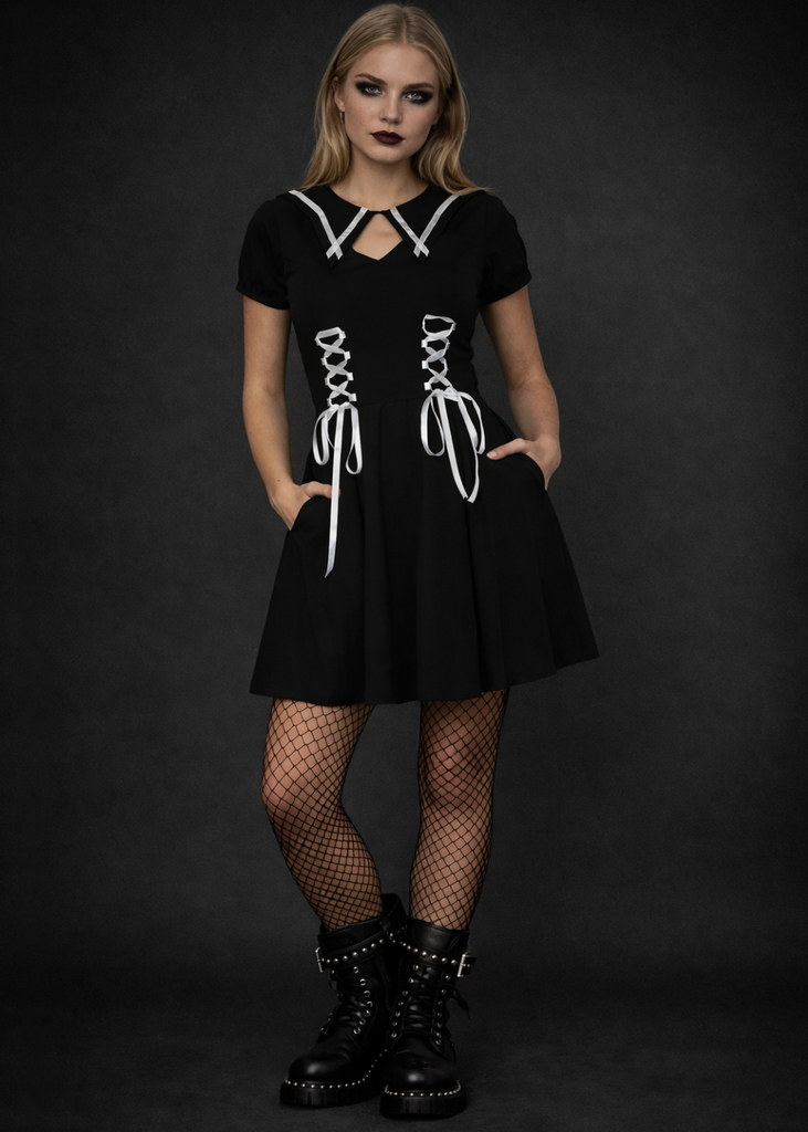Goth Skater Dress with Corset Detail for Edgy Appeal Goth Skater Dress with Corset Detail for Edgy Appeal — Skater Outfits