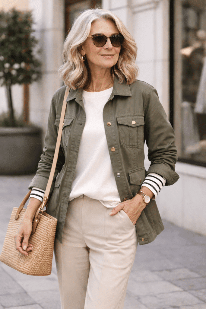 Utility Jacket Over Long-Sleeve Top with Trousers Utility Jacket Over Long-Sleeve Top with Trousers — Layering Outfits