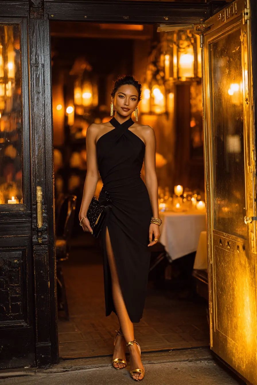 Black Halter Neck Dress with High Slit and Draped Detail — Rehearsal Dinner Outfits