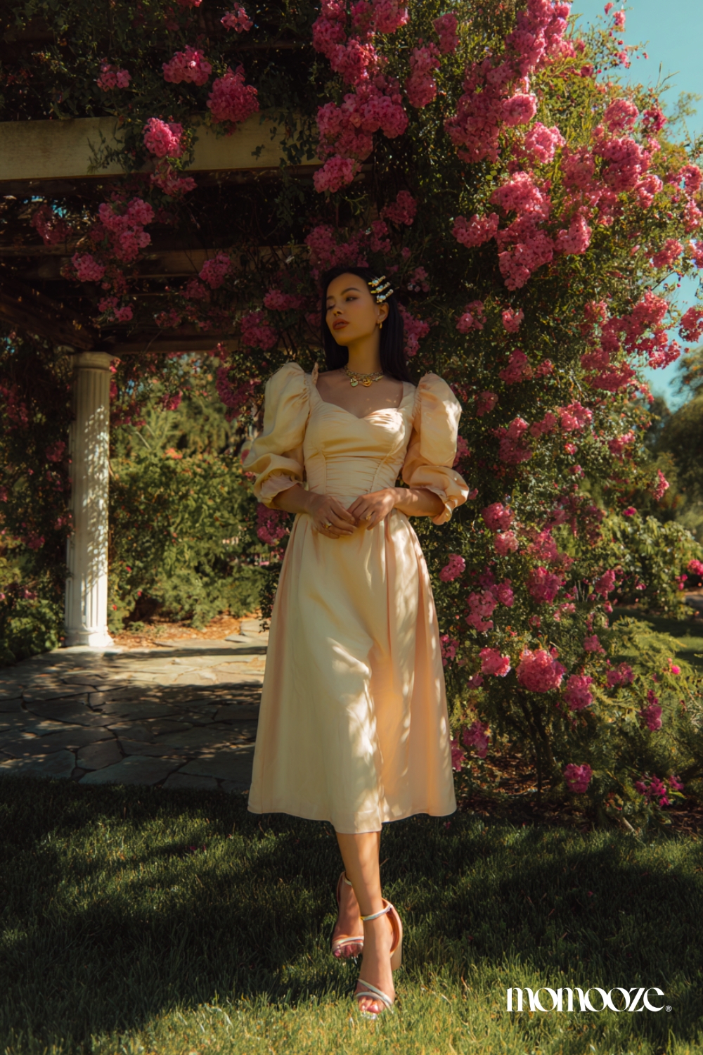 Pale Yellow Satin Midi Dress with Dramatic Puff Sleeves — Tea Party Outfits