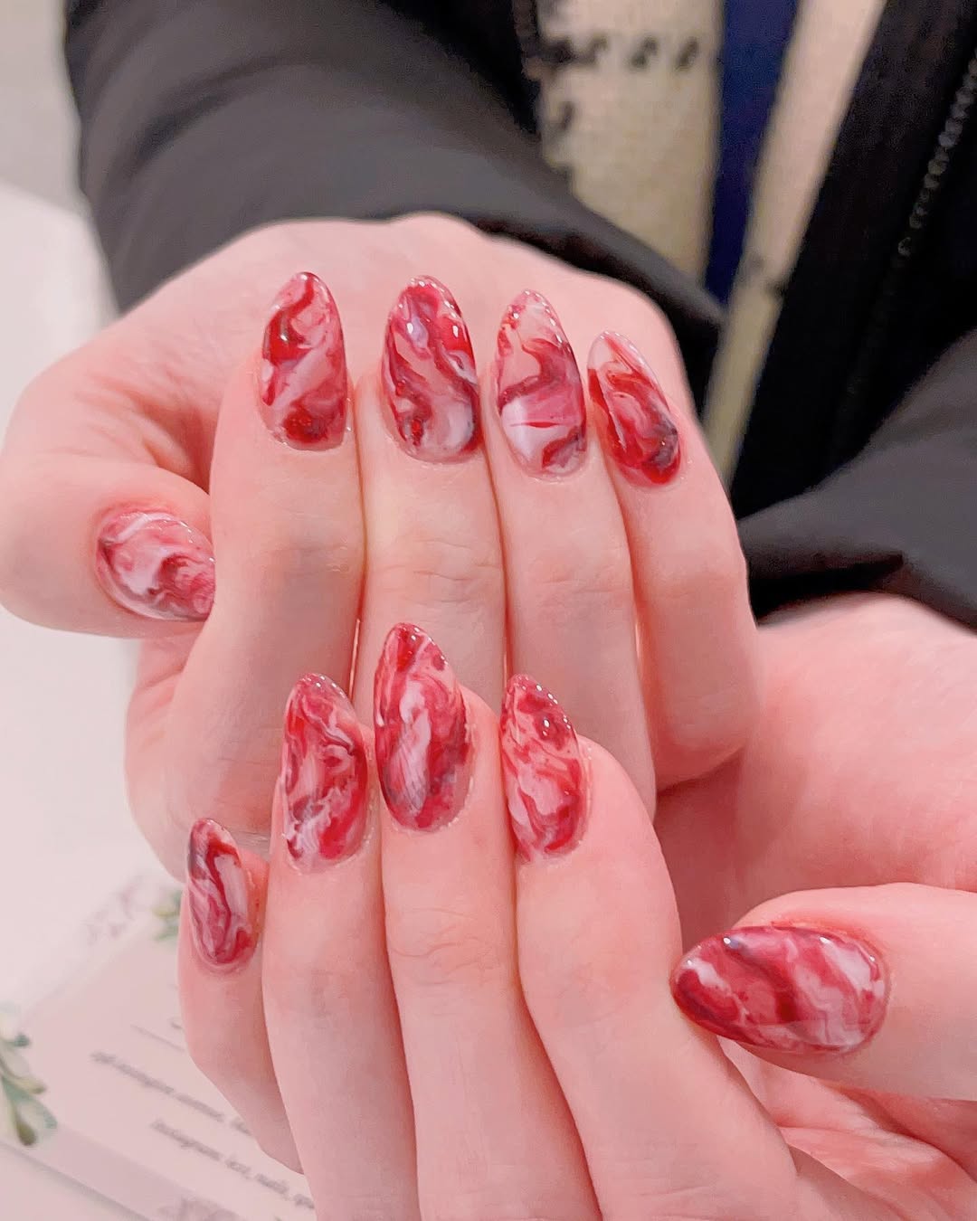 Vibrant Red and White Medium Almond Marble Vibrant Red and White Medium Almond Marble — Marble Nails