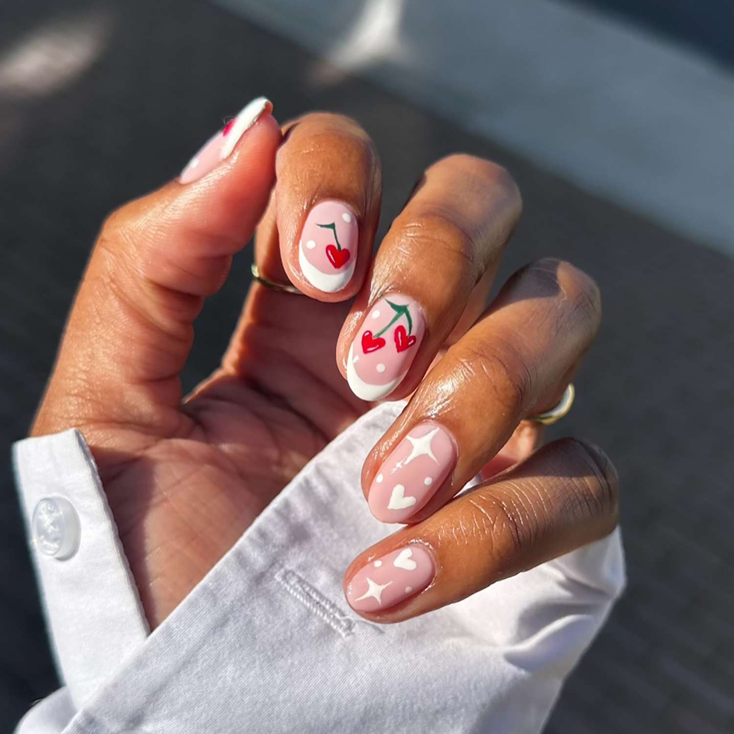 Medium Square Pale Pink With Polka Dots And Cherries Medium Square Pale Pink With Polka Dots And Cherries — Cherry Nails