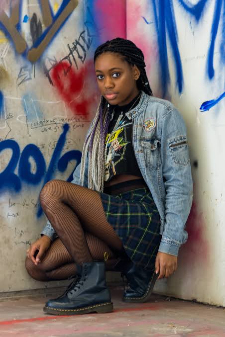 Denim Jacket with Plaid Skirt and Mesh Top — Grunge Outfits