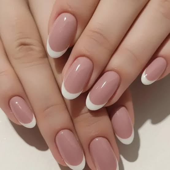 Milky Pink Classic French Oval Nails — Pink and White Nails