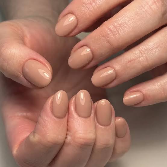Neutral Nude Beige Glossy Short Nails — Nails for Women Over 60