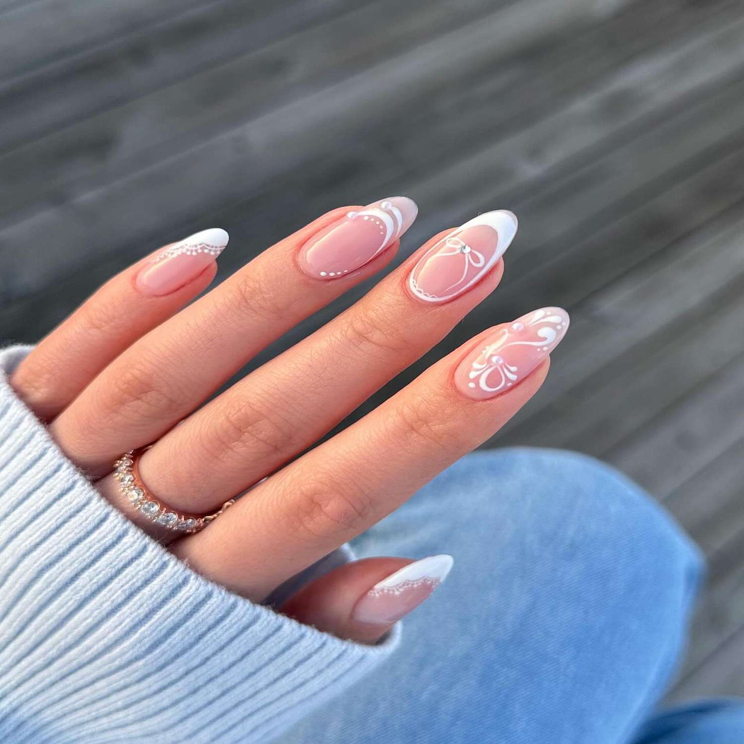 Medium Almond Lace Pattern French Tips — Bridesmaid Nails