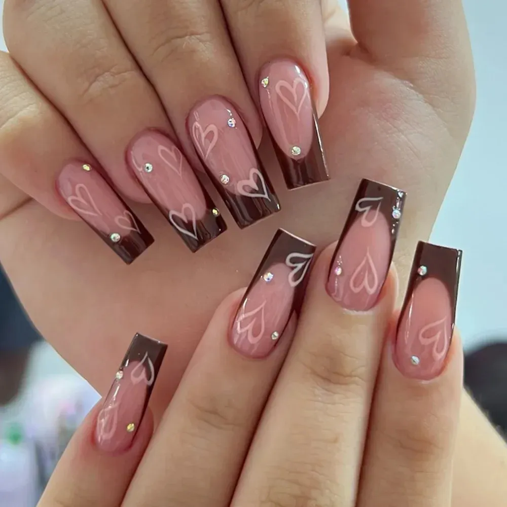 Nude Pink Heart Outline French Coffin Nails — Long Acrylic Nails