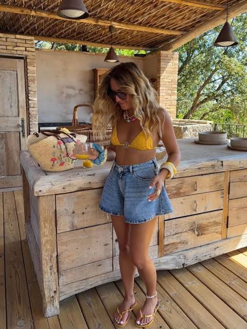 Yellow Textured Bikini with Denim Shorts and Straw Bag — Beach Outfits