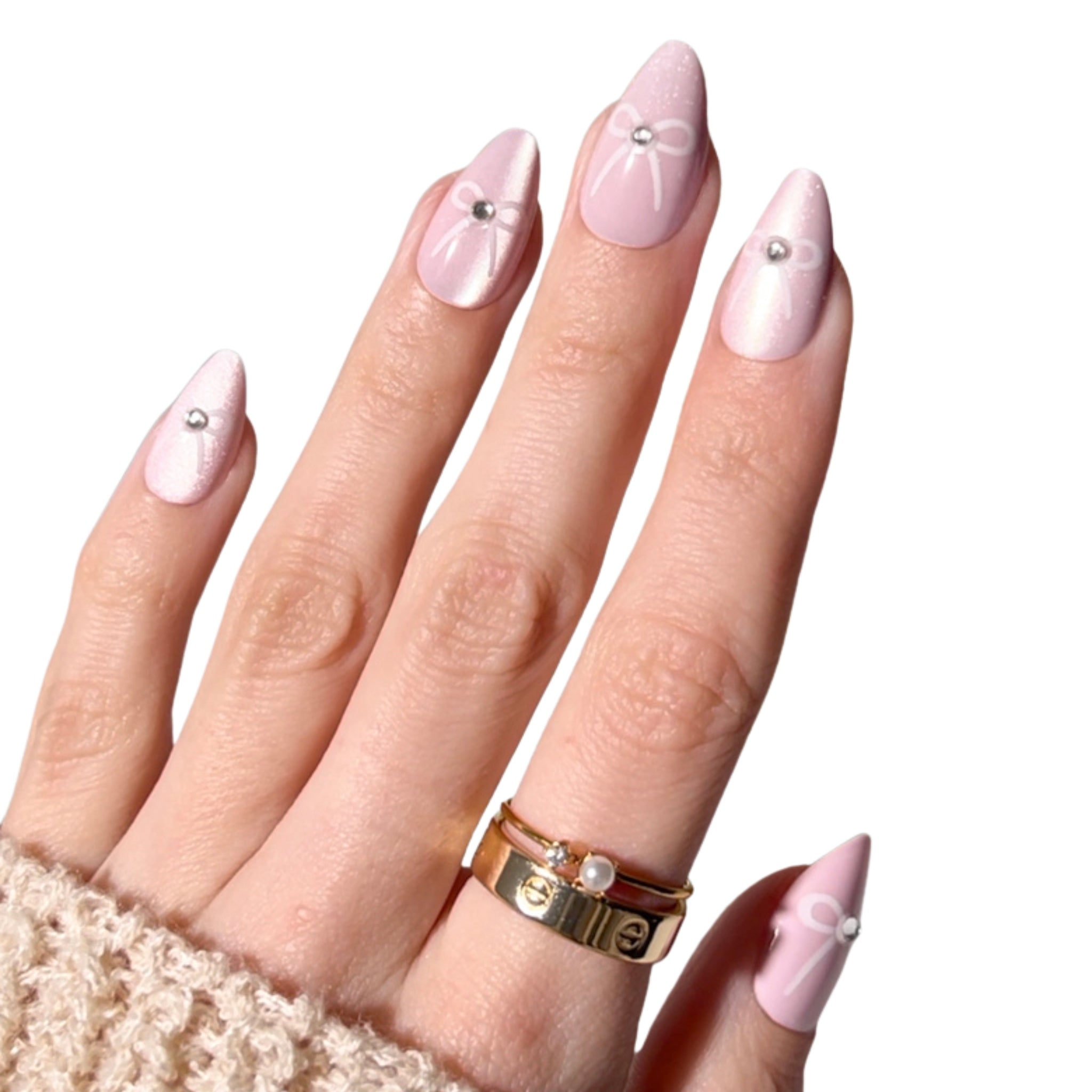 Light Pink Pearlescent Almond Nails with Bows Light Pink Pearlescent Almond Nails with Bows — Coquette Nails