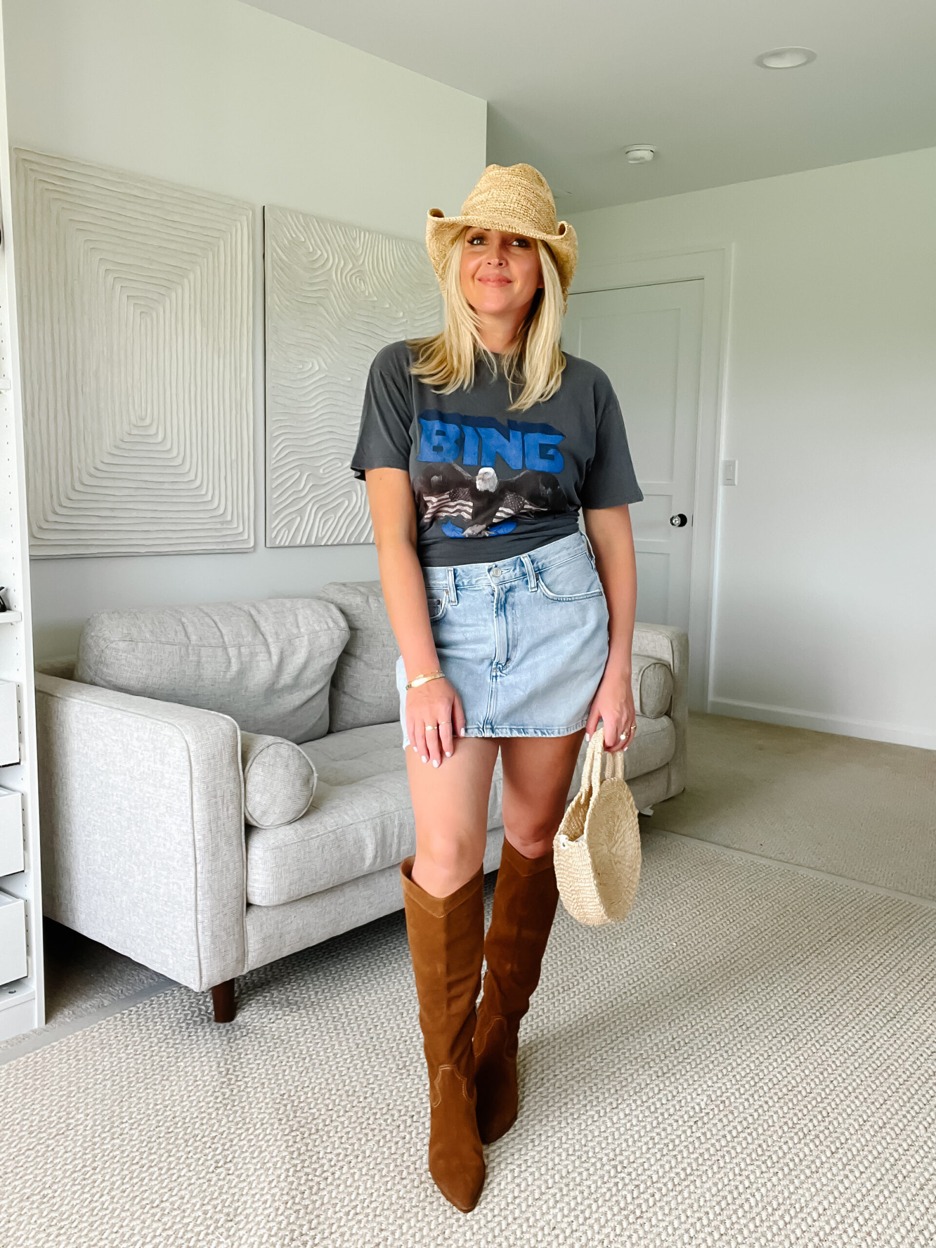 Graphic T-Shirt, Denim Mini Skirt, and Suede Cowboy Boots — Coastal Cowgirl Outfits
