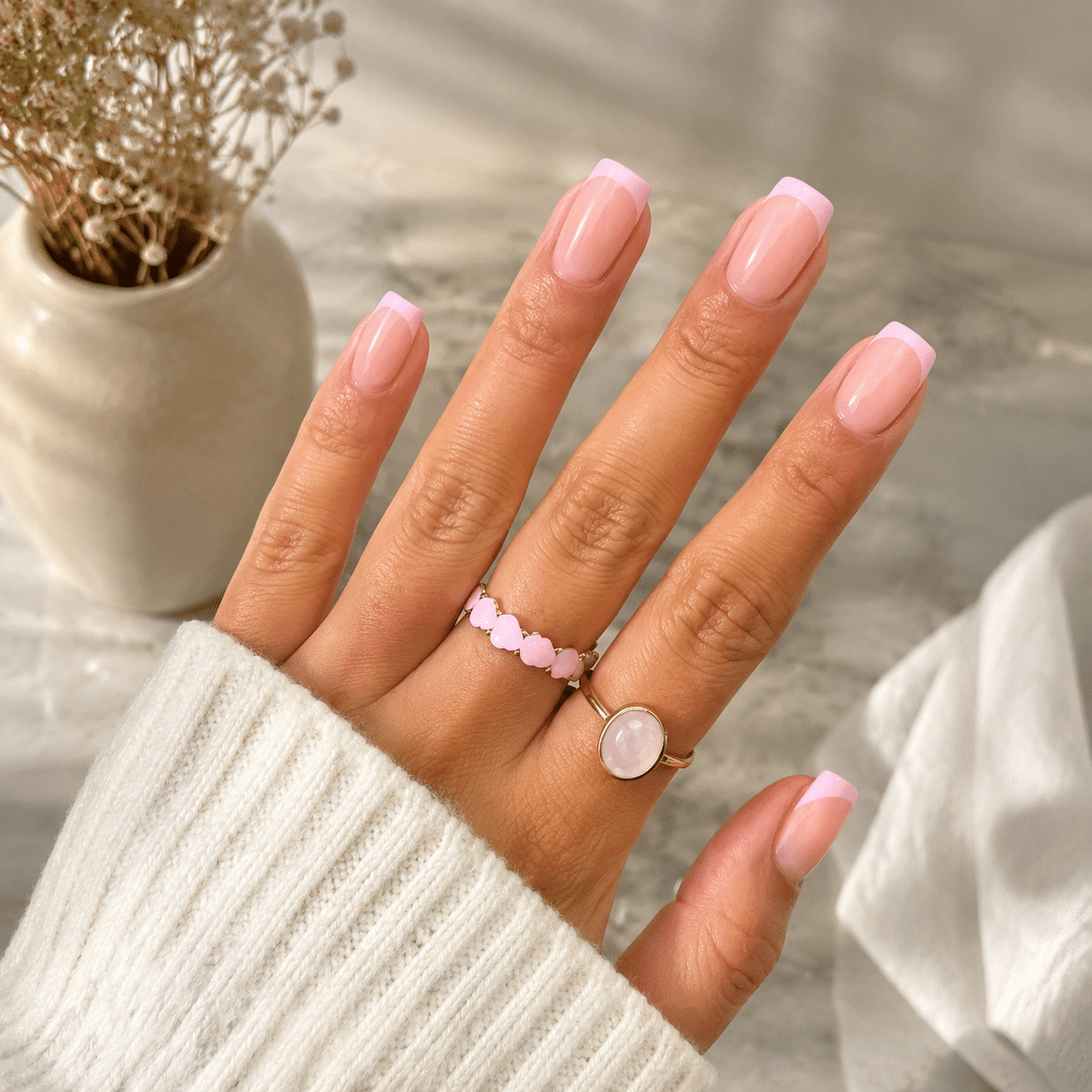 Glossy Soft Pink Almond French Tip Nails