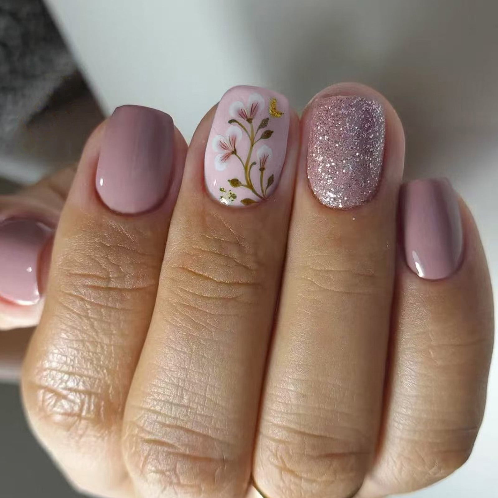 Dusty Rose Floral & Glitter — Short Acrylic Nails