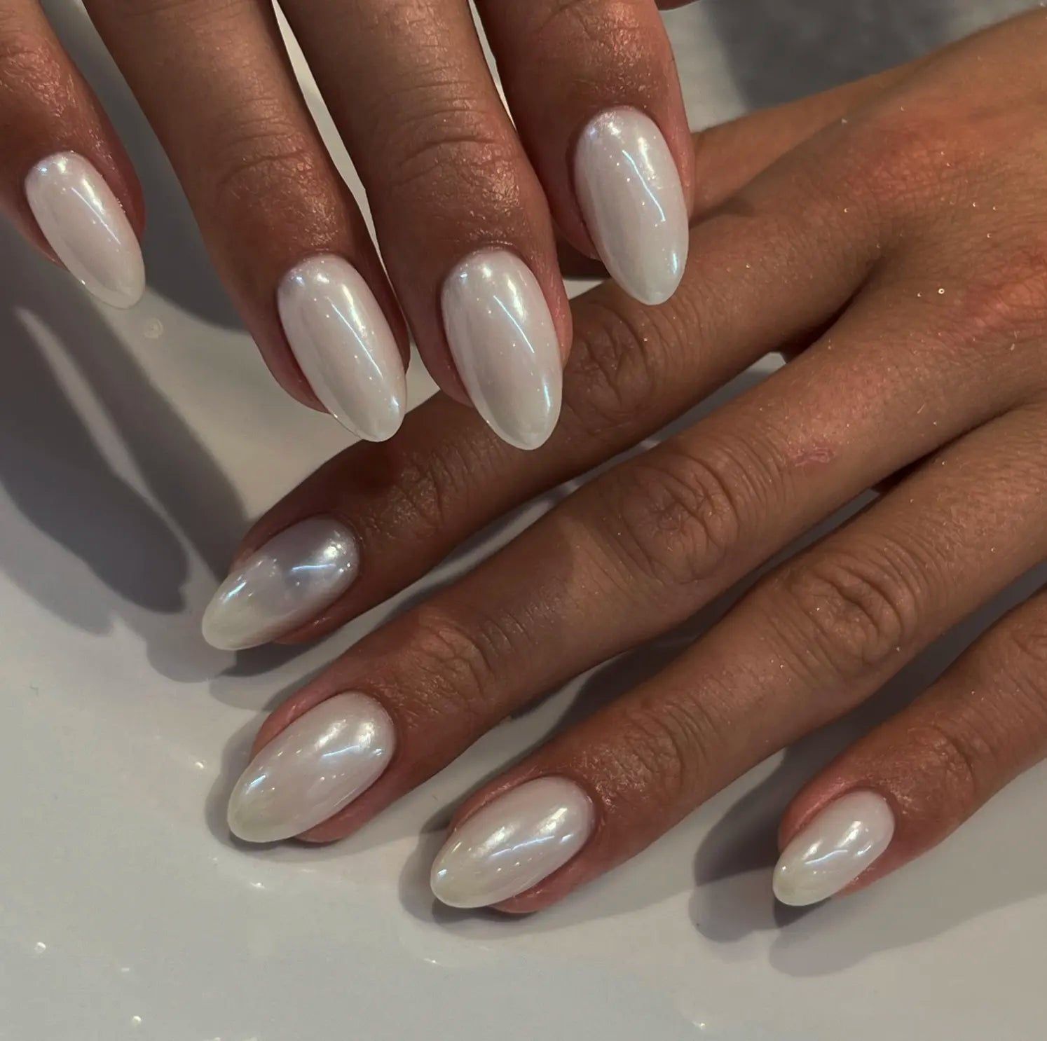 Glossy Milky White Pearl Nails