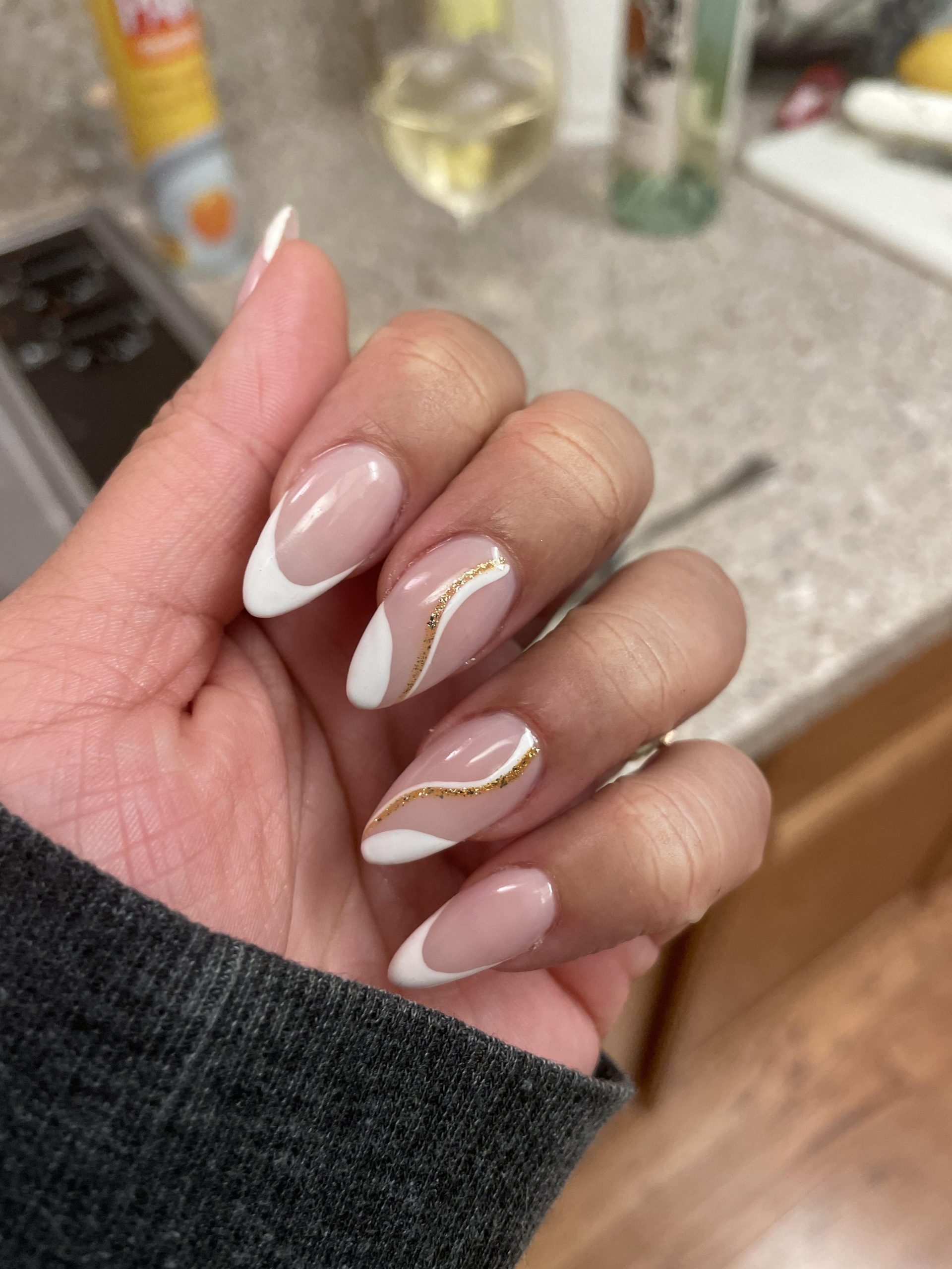 Elegant Gold Swirl French Almond — Nails for Women Over 40
