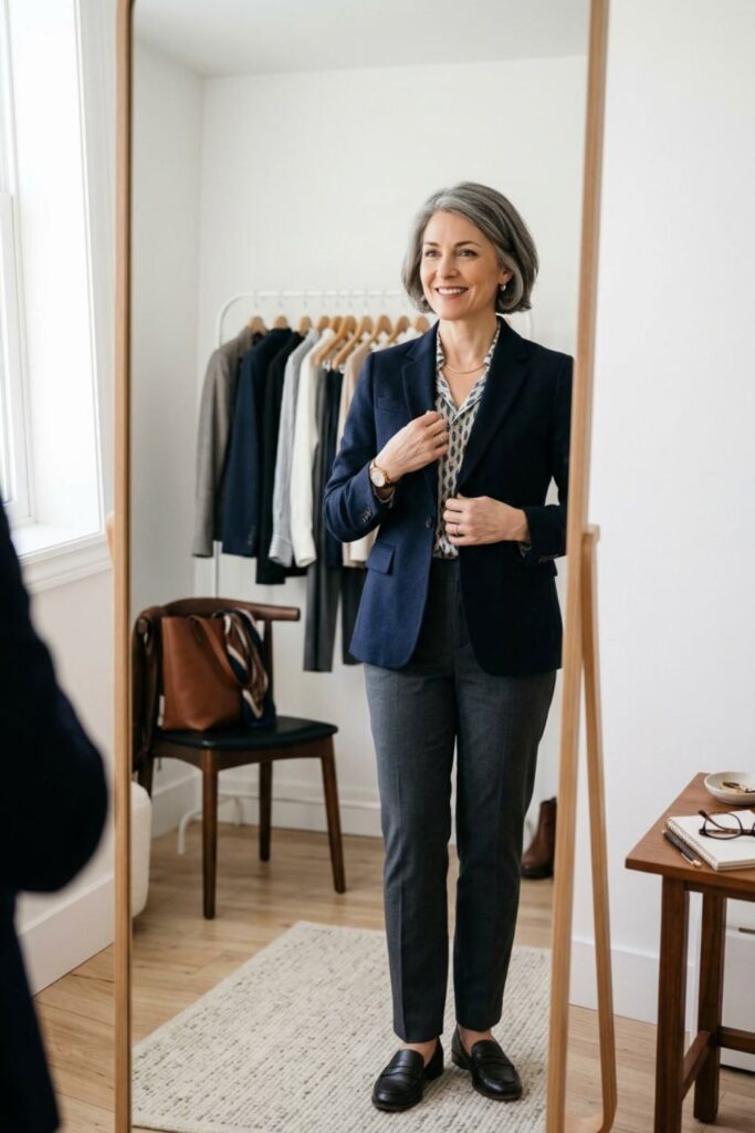 Patterned Blouse, Grey Trousers, and Navy Blazer for a Polished Interview — Interview Outfits