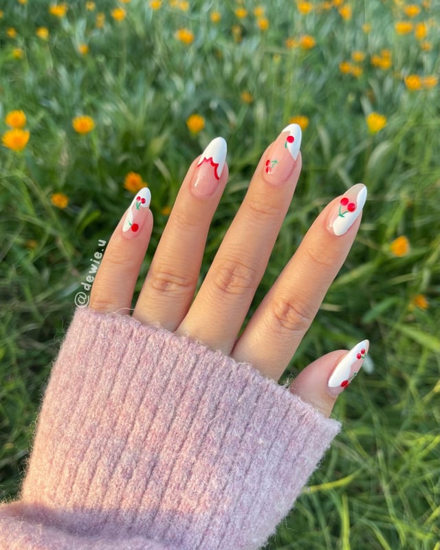 Medium Almond Sheer Nude With White French And Cherries Medium Almond Sheer Nude With White French And Cherries — Cherry Nails