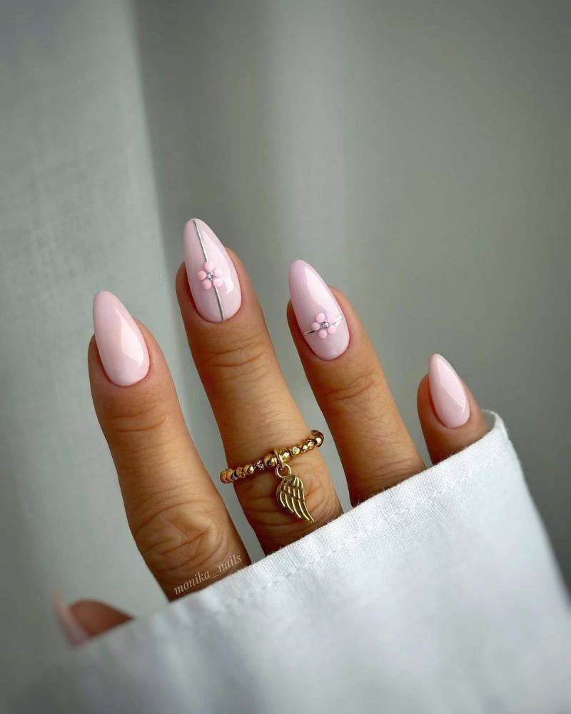 Opaque Light Pink Flower Accent Nails — Light Pink Nails