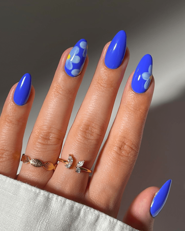 Bright Blue with White Floral Accents Long Stiletto Nails Bright Blue with White Floral Accents Long Stiletto Nails — Royal Blue Nails