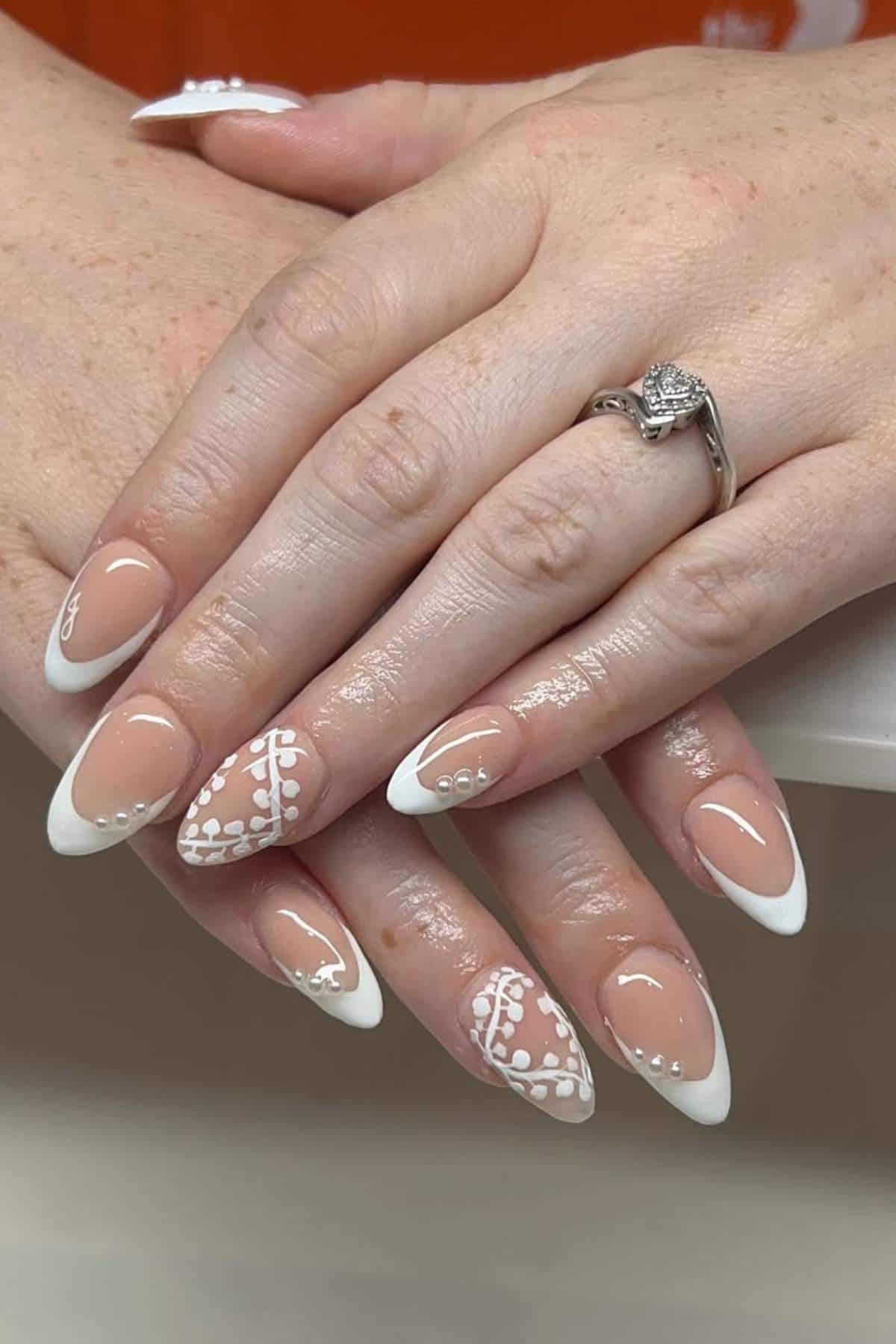 Sheer Nude Stiletto with Lace Art and Pearls Sheer Nude Stiletto with Lace Art and Pearls — Engagement Nails