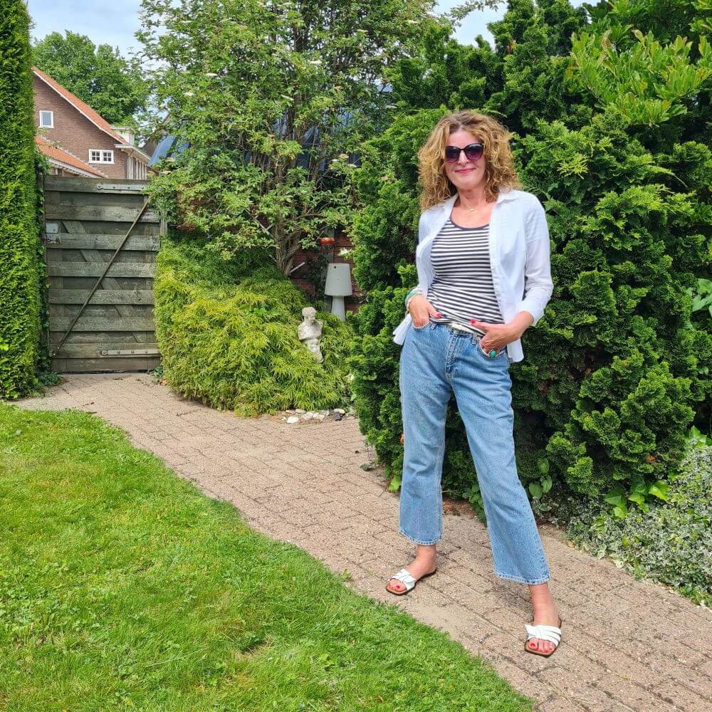Striped Top with White Button-Down and Jeans Striped Top with White Button-Down and Jeans — Coastal Grandmother Outfits