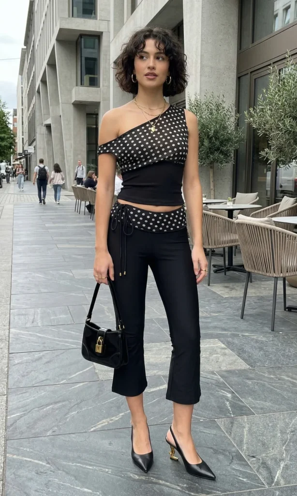 Playful Polka Dot Crop Top with Flared Pants for a Fun First Date Playful Polka Dot Crop Top with Flared Pants for a Fun First Date — First Date Outfits