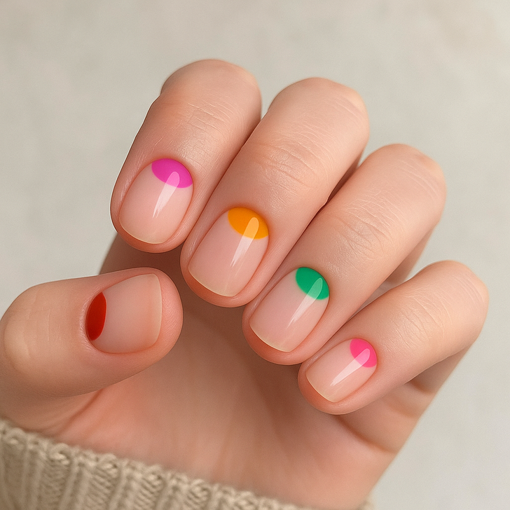 Nude With Color Block Tips — Very Short Nails