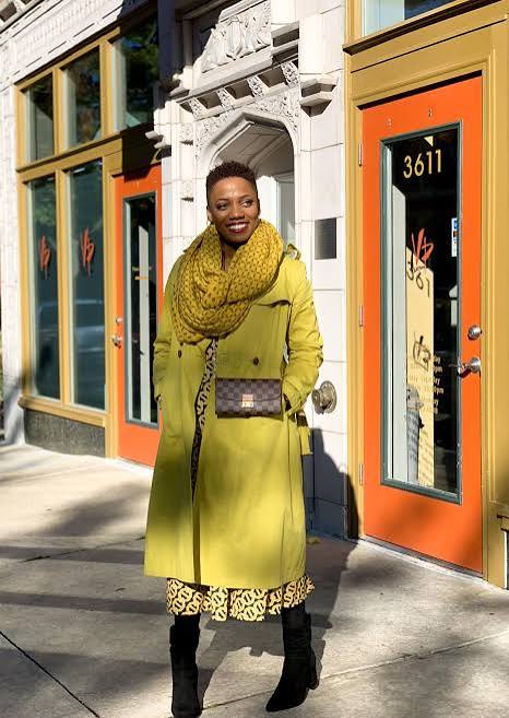 Yellow Trench Coat Over Patterned Dress with Scarf Yellow Trench Coat Over Patterned Dress with Scarf — Layering Outfits