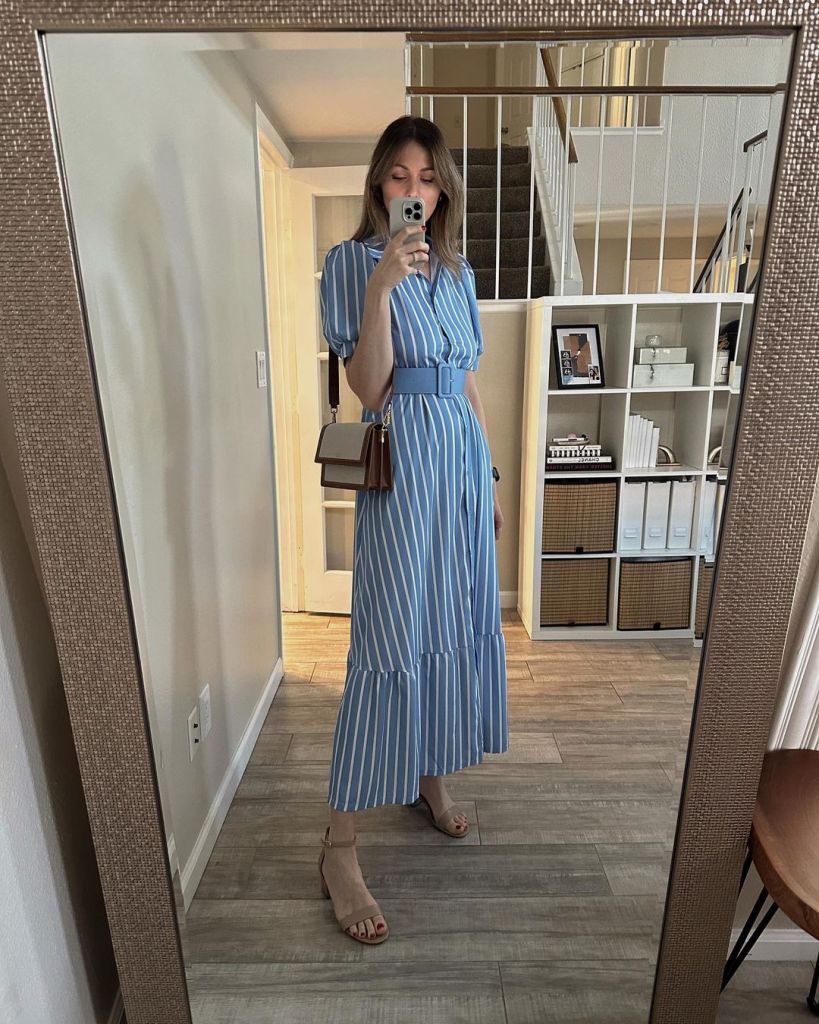 Blue and White Striped Midi Dress with Tiered Skirt — Tea Party Outfits