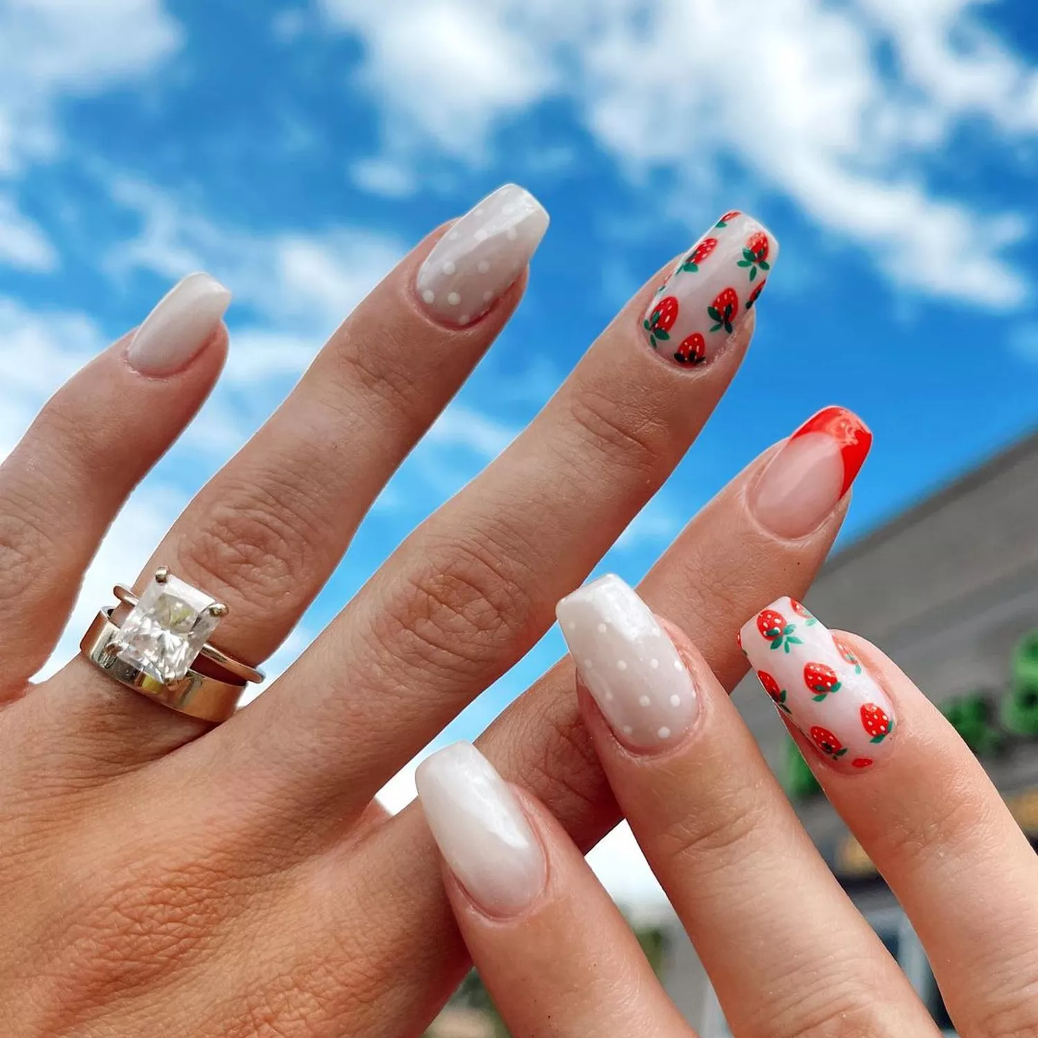 Strawberry Clear Base Long Coffin Nails — Strawberry Nails