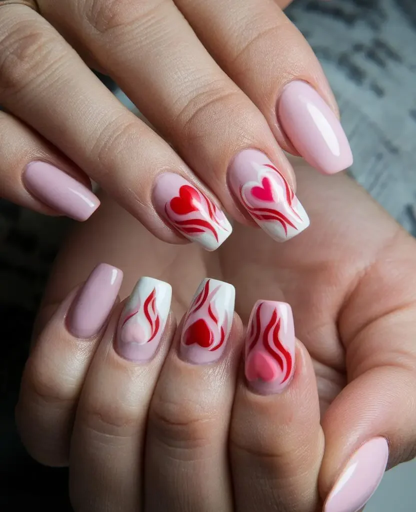 Artistic Pink and White with Hearts and Swirls Artistic Pink and White with Hearts and Swirls — Date Night Nails
