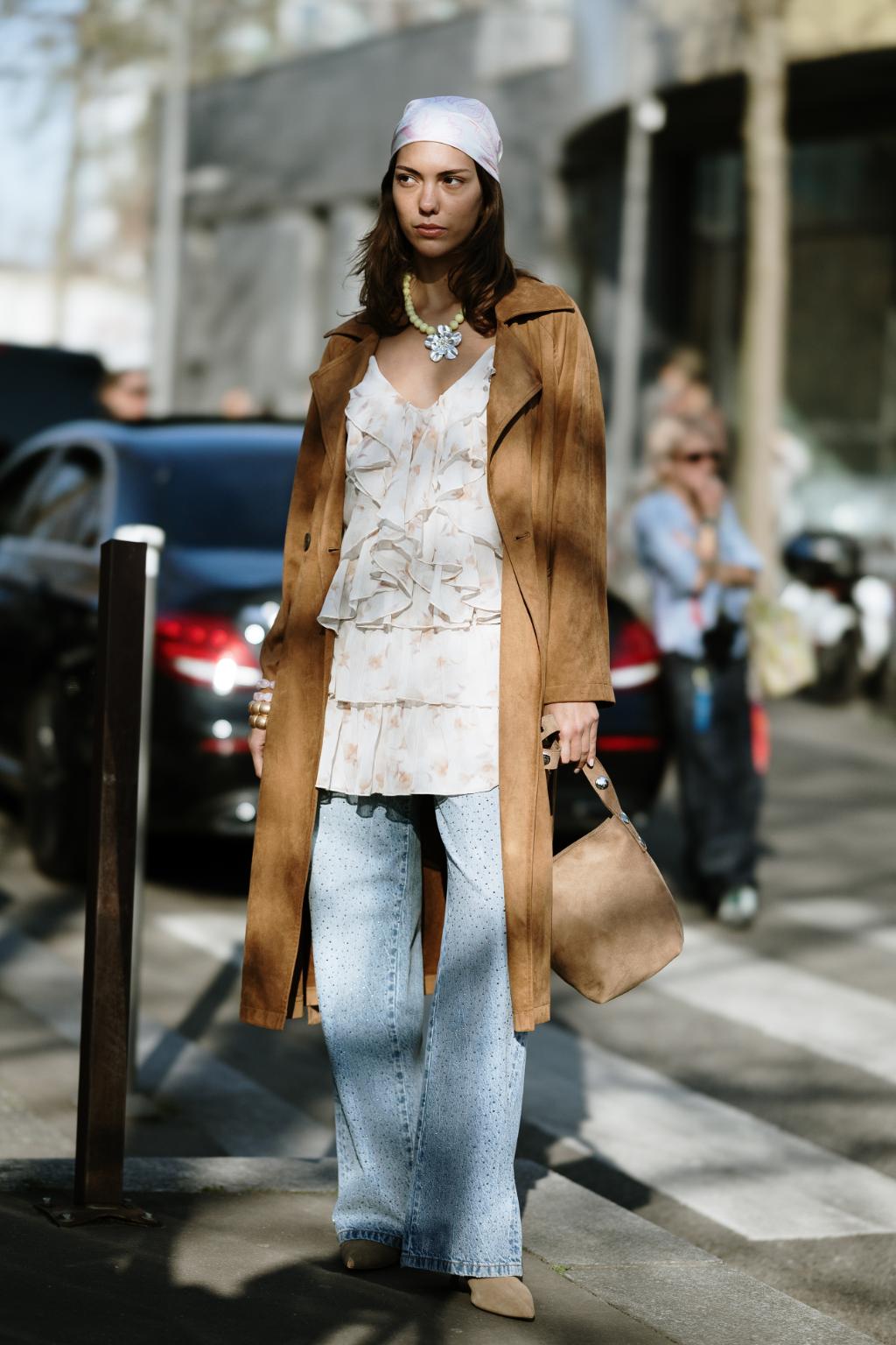 Suede Trench Coat and Ruffled Camisole: Boho Street Style Suede Trench Coat and Ruffled Camisole: Boho Street Style — Boho Outfits