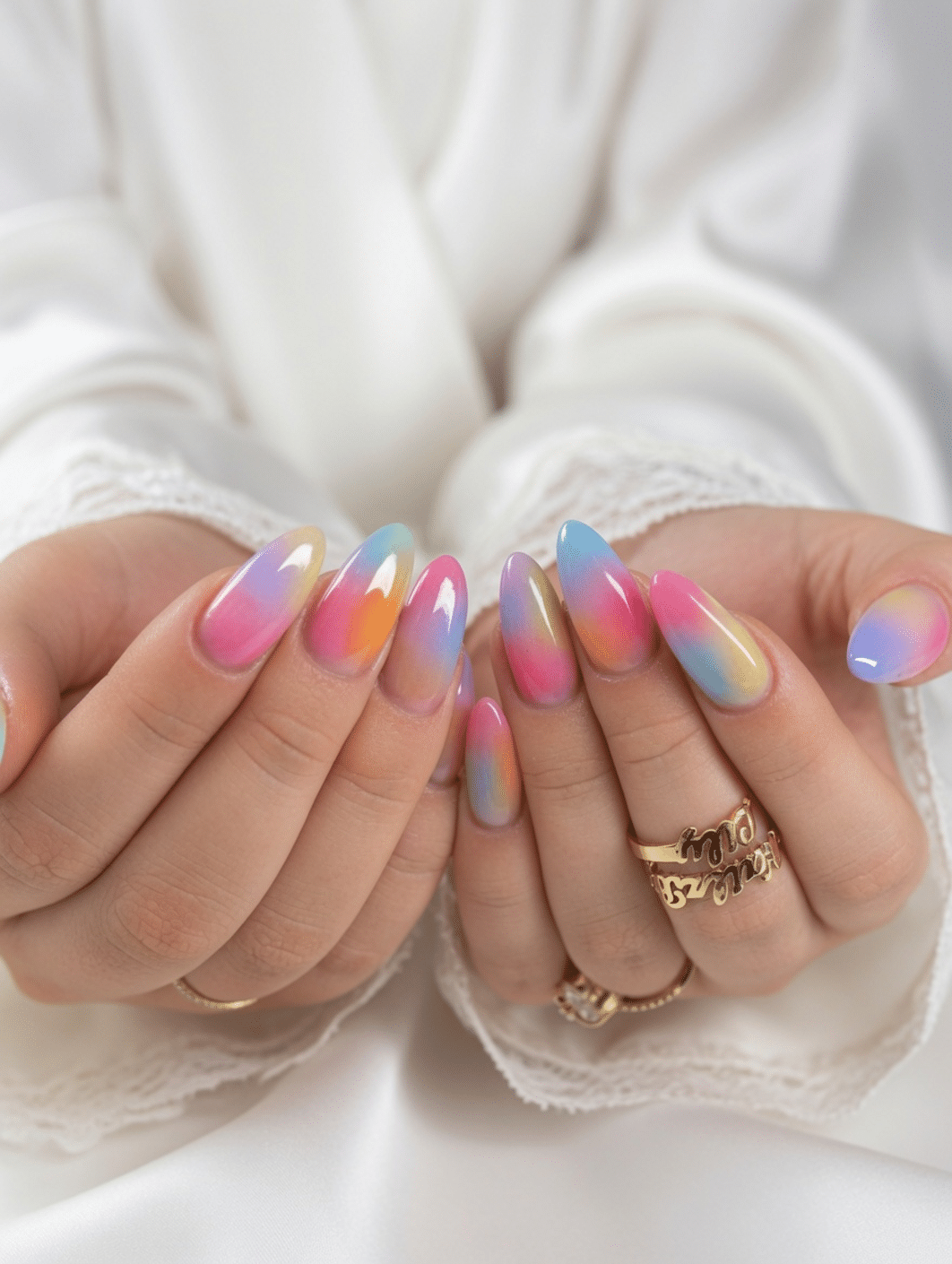 Glossy Soft Pastel Aura Gradient Almonds — Aura Nails