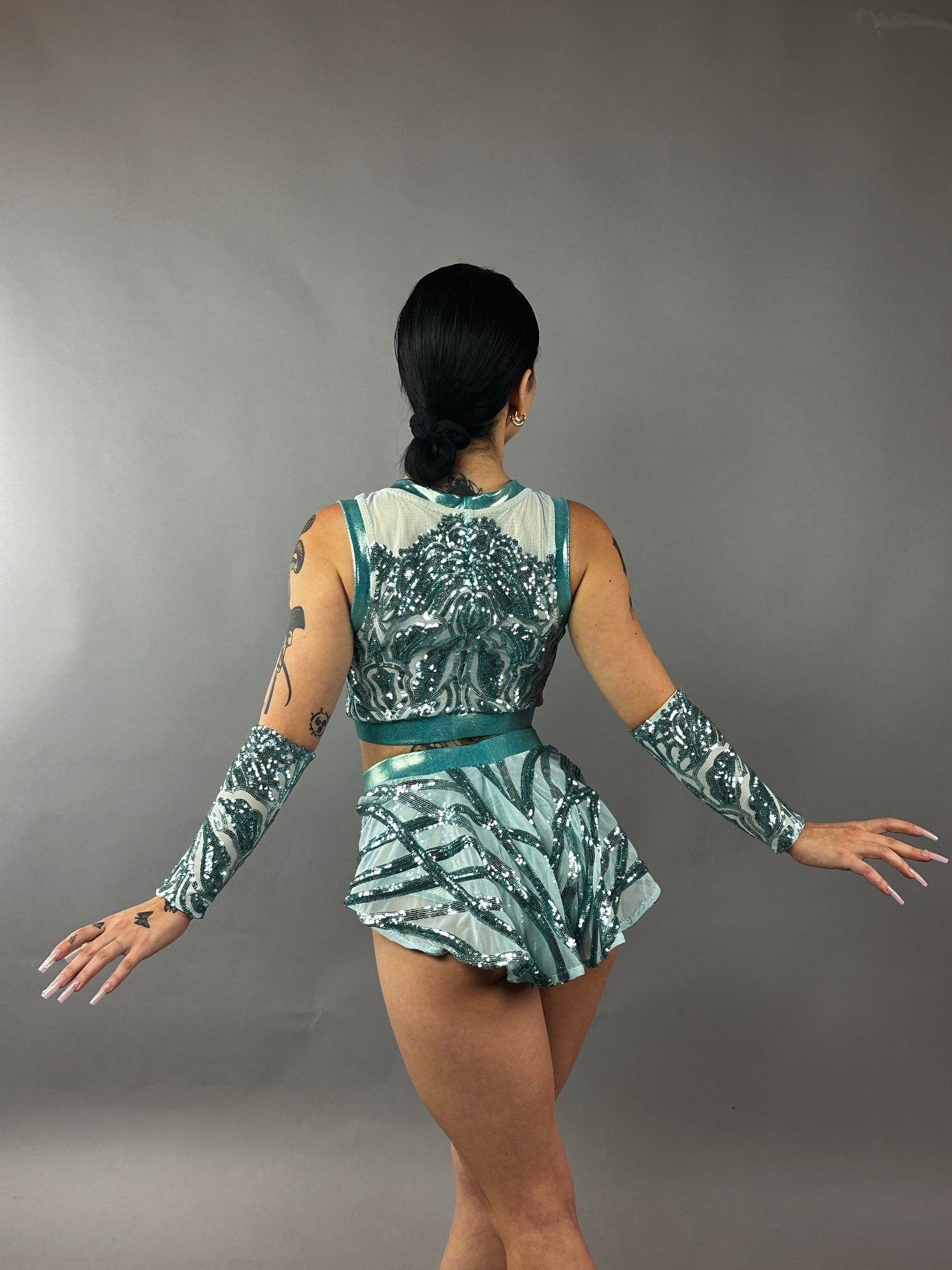 Turquoise Sequin Crop Top and Shorts Set for Pole Dance Turquoise Sequin Crop Top and Shorts Set for Pole Dance — Dance Outfits