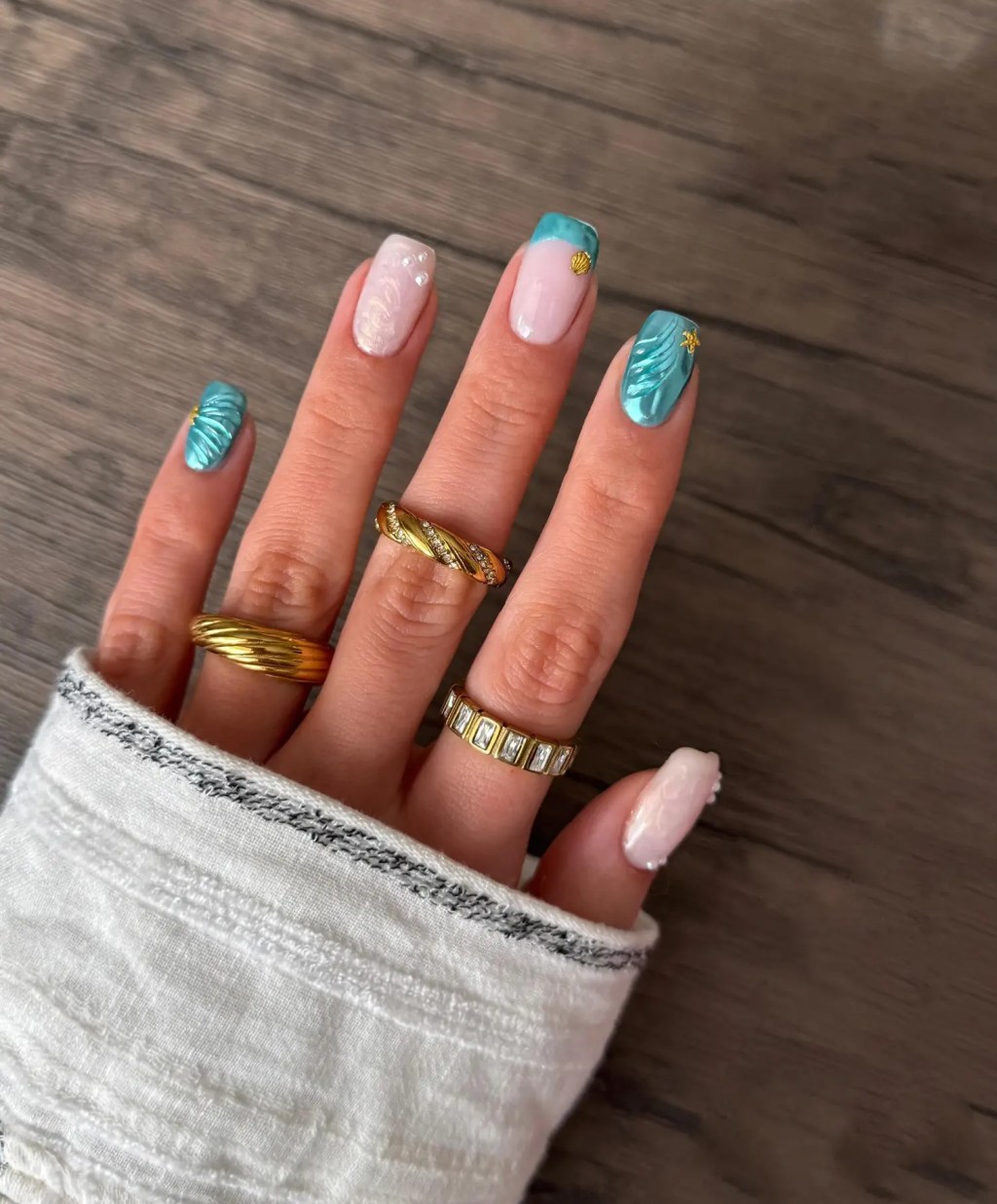 Teal French Wave & Pearl Accents — Vacation Nails