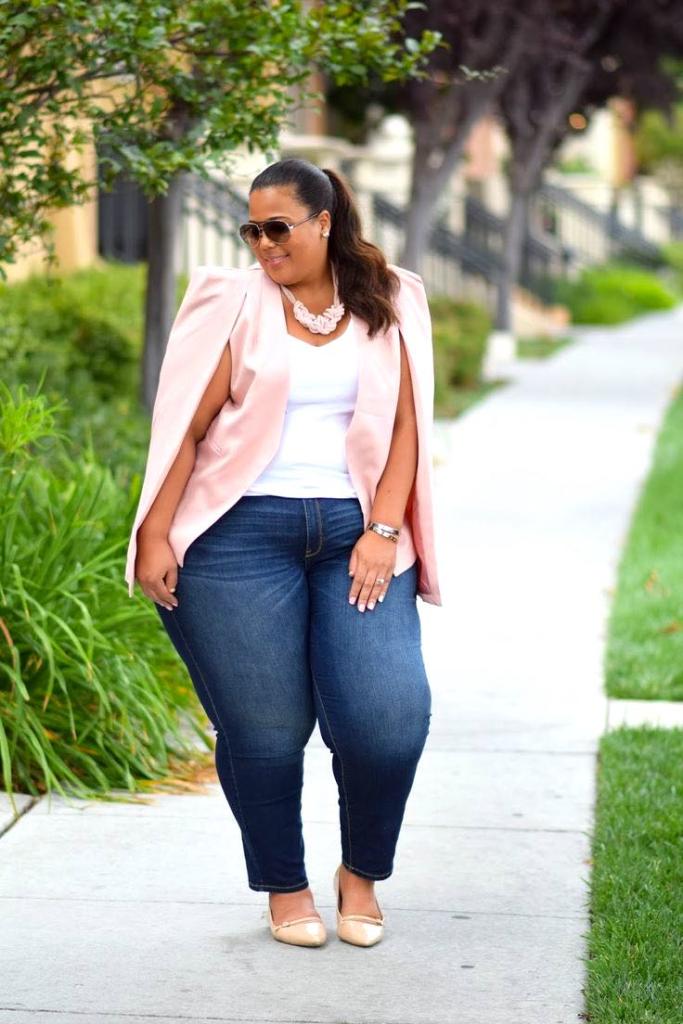 Pink Structured Blazer Cape with White Tee and Jeans — Curvy Outfits