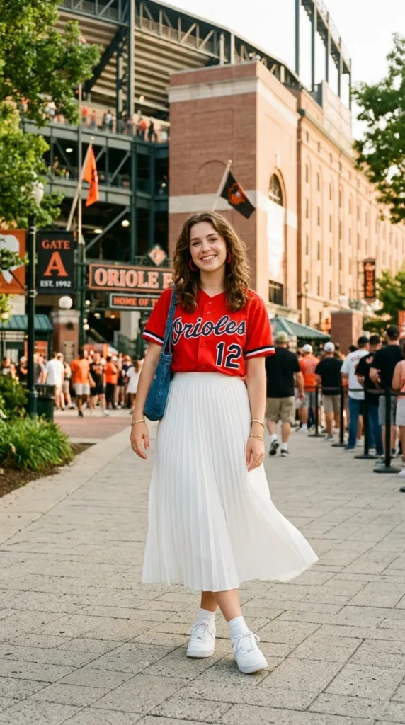 Red Baseball Jersey with Pleated Midi Skirt and Sneakers Red Baseball Jersey with Pleated Midi Skirt and Sneakers — Jersey Outfits
