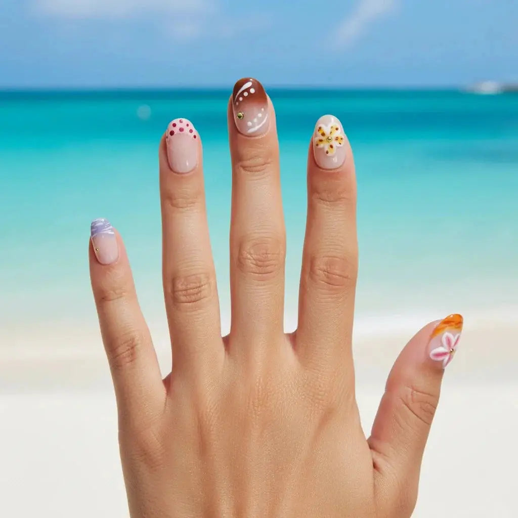 Short Square Playful Motifs — Beach Nails