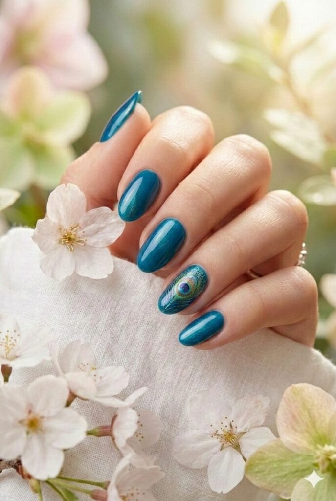 Peacock Feather Teal Accent Nails — Teal Nails