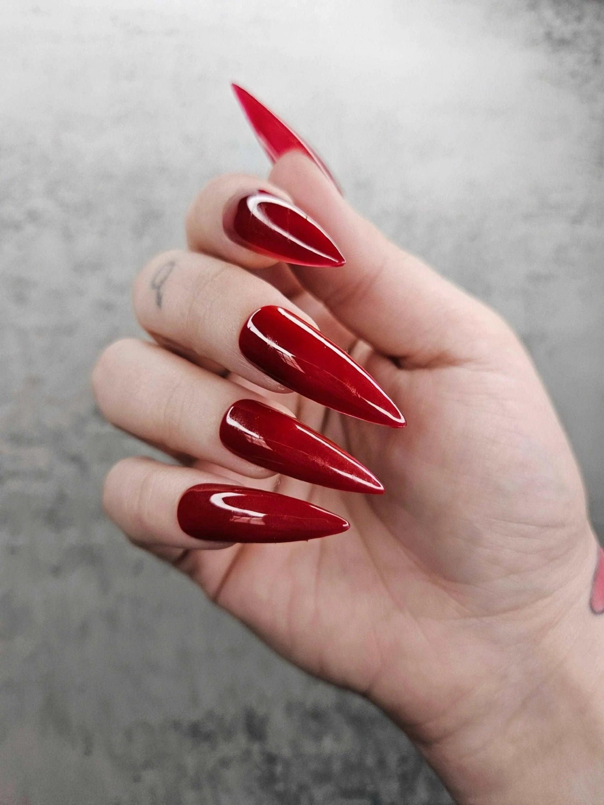 Mirror Shine Deep Red Stilettos — Long Nails