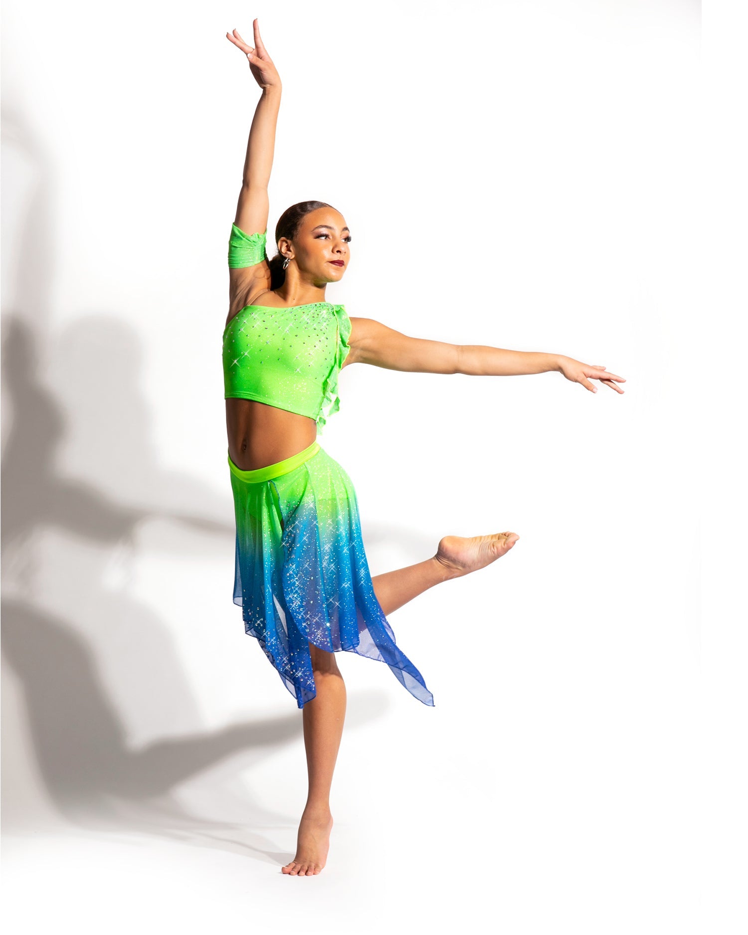Lime Green and Blue Glitter Mesh Two-Piece for Dance Performance Lime Green and Blue Glitter Mesh Two-Piece for Dance Performance — Dance Outfits