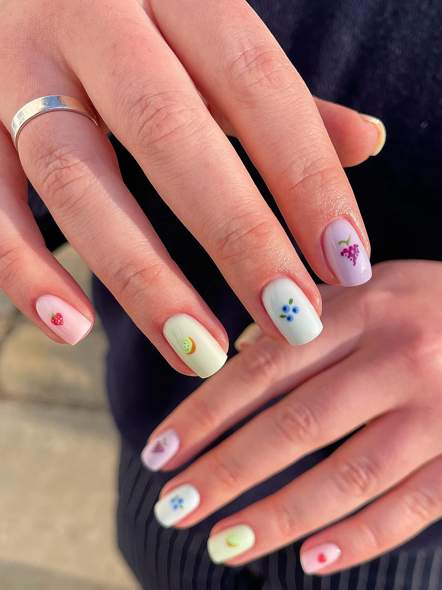Pastel Fruit Motif Nails — Short Square Nails