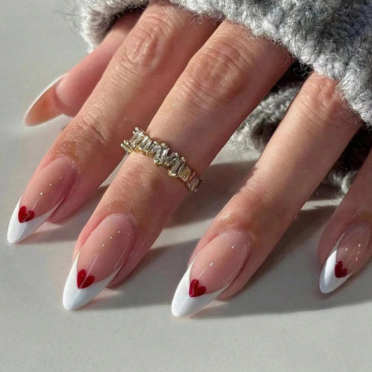 Long Almond White French With Red Heart Smile Lines Long Almond White French With Red Heart Smile Lines — Heart Nails